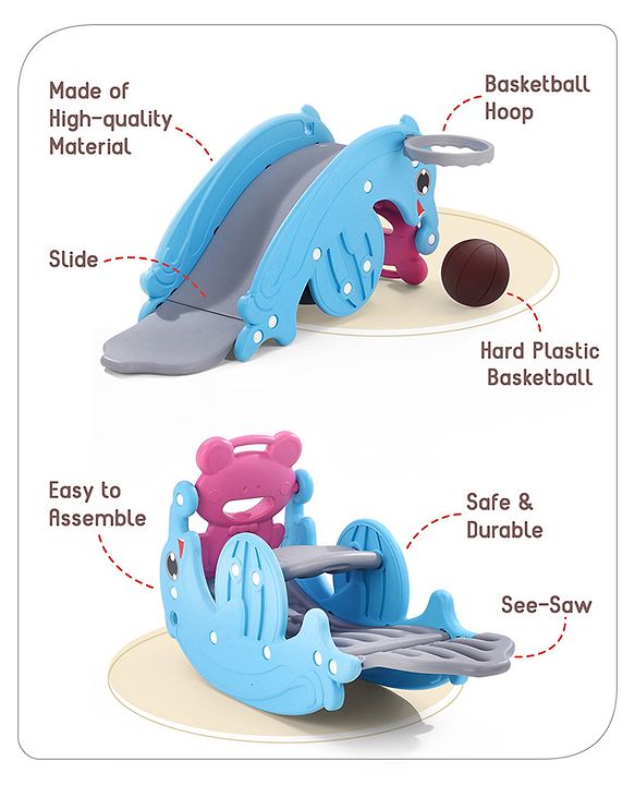 Babyhug 3 in 1 Slide and Rocker with Basketball Ring and A Plastic Ball for Kids| Multi-Purpose Toy For Home, Indoor Or Outdoor Play|Durable & Safe | BIS Approved | Blue and Pink (Colour May Vary)