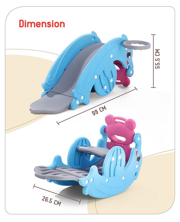 Babyhug 3 in 1 Slide and Rocker with Basketball Ring and A Plastic Ball for Kids| Multi-Purpose Toy For Home, Indoor Or Outdoor Play|Durable & Safe | BIS Approved | Blue and Pink (Colour May Vary)