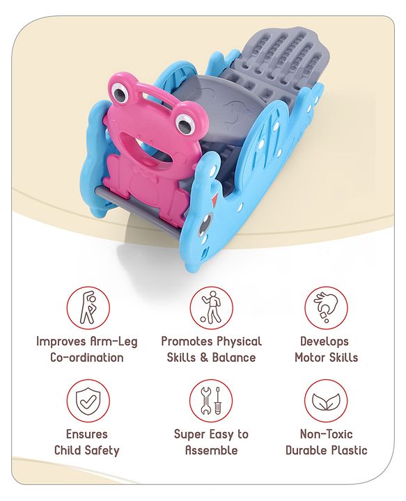 Babyhug 3 in 1 Slide and Rocker with Basketball Ring and A Plastic Ball for Kids| Multi-Purpose Toy For Home, Indoor Or Outdoor Play|Durable & Safe | BIS Approved | Blue and Pink (Colour May Vary)