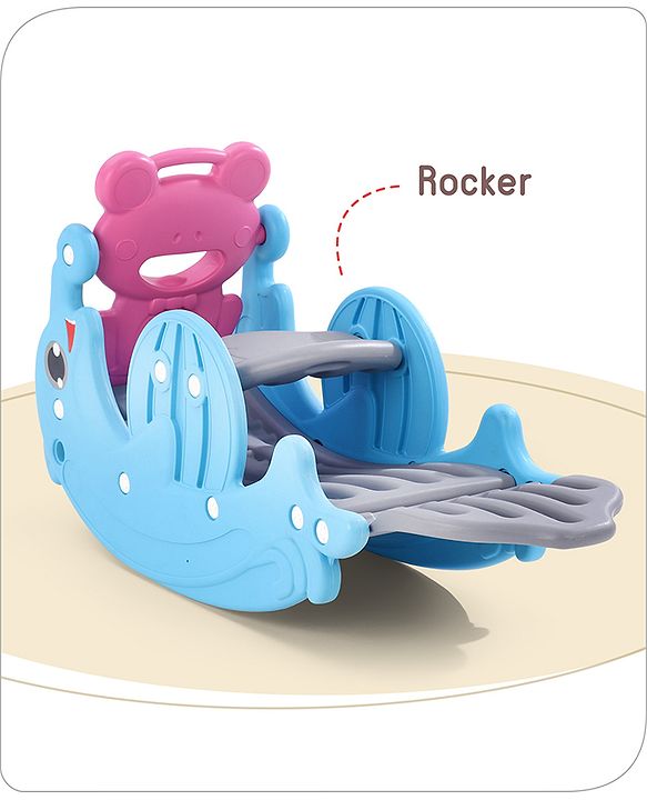 Babyhug 3 in 1 Slide and Rocker with Basketball Ring and A Plastic Ball for Kids| Multi-Purpose Toy For Home, Indoor Or Outdoor Play|Durable & Safe | BIS Approved | Blue and Pink (Colour May Vary)
