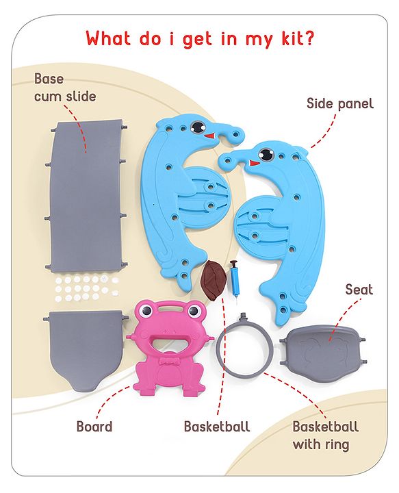 Babyhug 3 in 1 Slide and Rocker with Basketball Ring and A Plastic Ball for Kids| Multi-Purpose Toy For Home, Indoor Or Outdoor Play|Durable & Safe | BIS Approved | Blue and Pink (Colour May Vary)