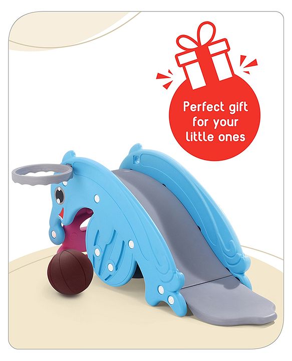 Babyhug 3 in 1 Slide and Rocker with Basketball Ring and A Plastic Ball for Kids| Multi-Purpose Toy For Home, Indoor Or Outdoor Play|Durable & Safe | BIS Approved | Blue and Pink (Colour May Vary)