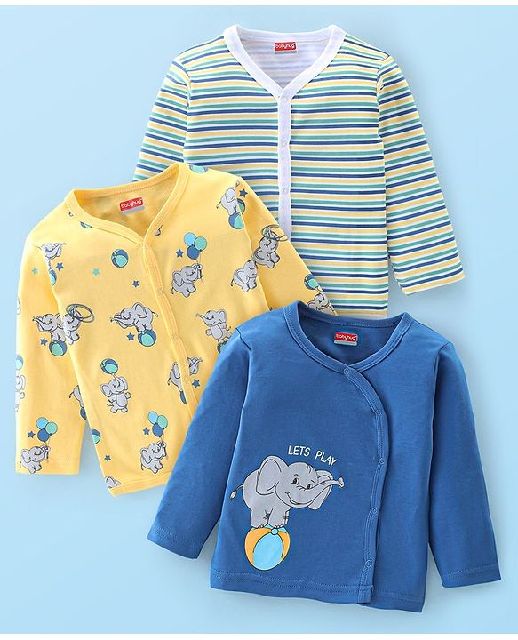 Babyhug 100% Cotton Full Sleeves Elephant Print Front Open Vests Pack of 3 - Multicolour