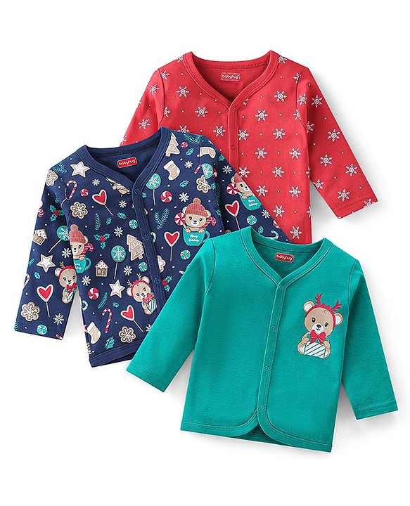 Babyhug 100% Cotton Full Sleeves Front Open Vests Reindeer & Christmas Print Pack of 3- Blue Green & Red