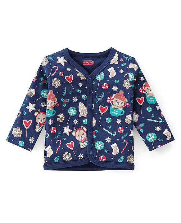 Babyhug 100% Cotton Full Sleeves Front Open Vests Reindeer & Christmas Print Pack of 3- Blue Green & Red