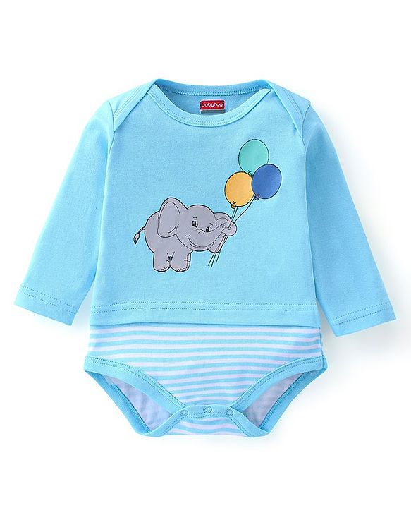 Babyhug 100% Cotton Full Sleeves Onesie Elephant Print - Blue