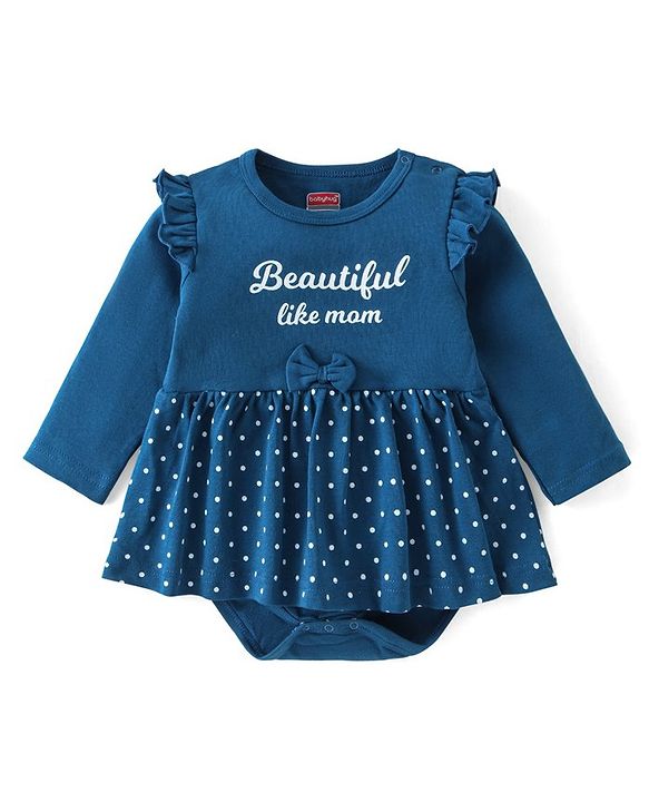 Babyhug 100% Cotton Interlock Knit Full Sleeves Onesie Polka Dot & Text Print - Navy Blue