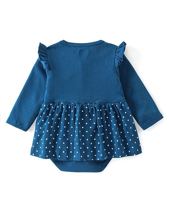 Babyhug 100% Cotton Interlock Knit Full Sleeves Onesie Polka Dot & Text Print - Navy Blue