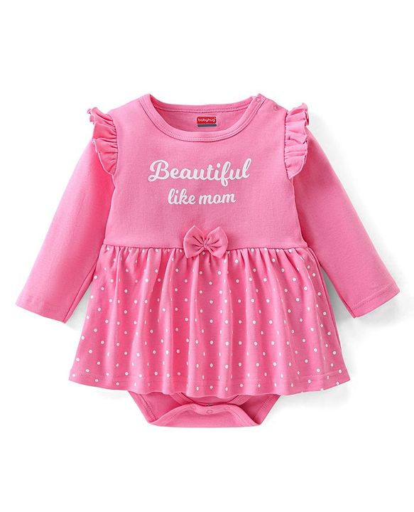 Babyhug 100% Cotton Interlock Knit Full Sleeves Onesie Polka Dot & Text Print - Pink