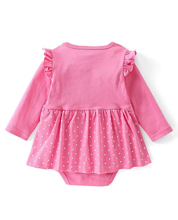 Babyhug 100% Cotton Interlock Knit Full Sleeves Onesie Polka Dot & Text Print - Pink
