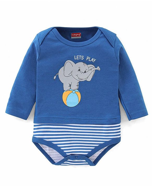 Babyhug 100% Cotton Knit Full Sleeves Onesie Elephant Print - Blue