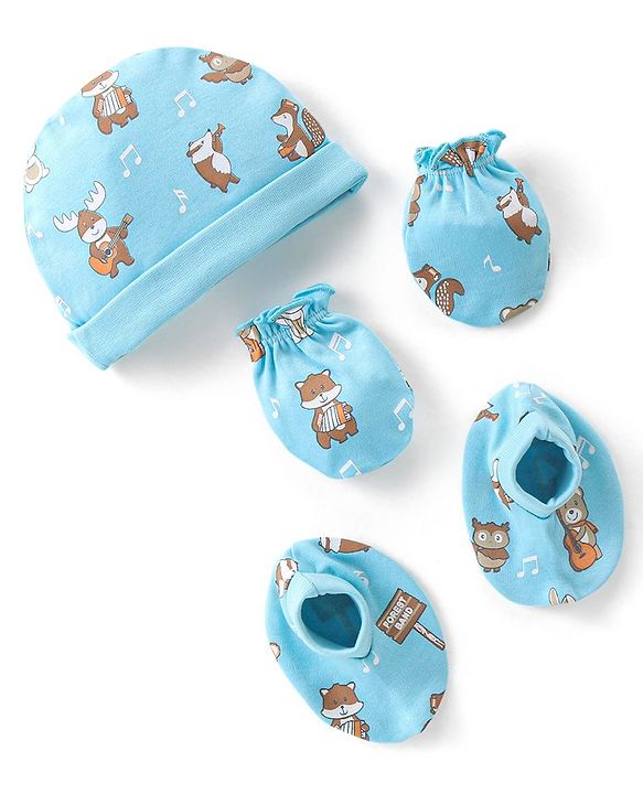 Babyhug 100% Cotton Knit Cap Mittens & Booties With Squirrel Print - Blue