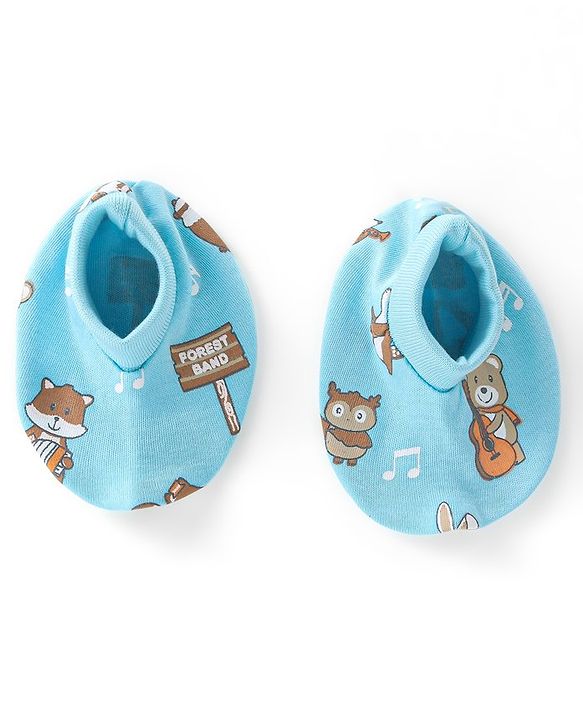 Babyhug 100% Cotton Knit Cap Mittens & Booties With Squirrel Print - Blue