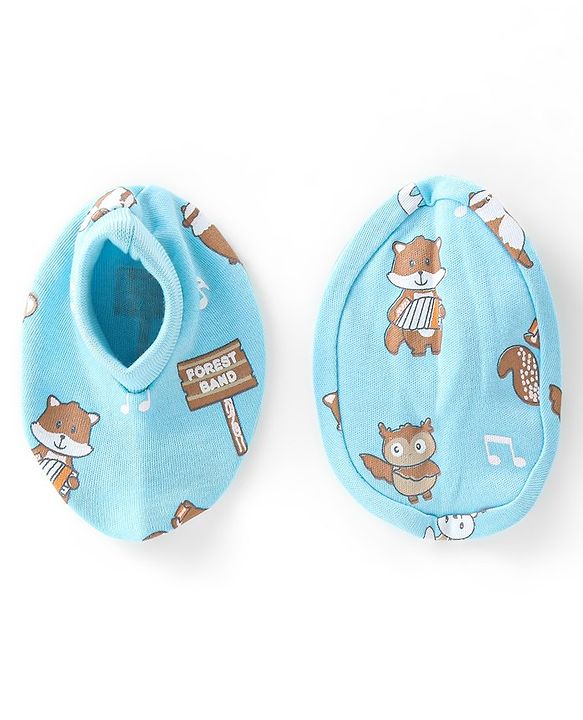 Babyhug 100% Cotton Knit Cap Mittens & Booties With Squirrel Print - Blue
