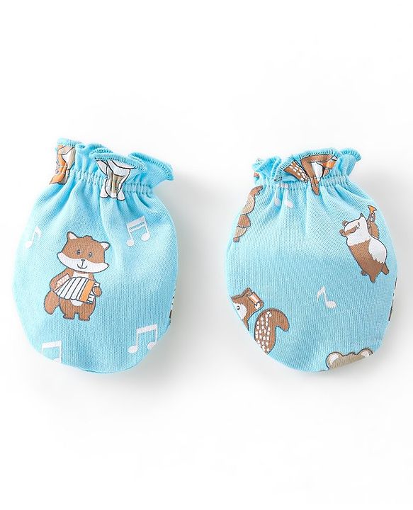 Babyhug 100% Cotton Knit Cap Mittens & Booties With Squirrel Print - Blue