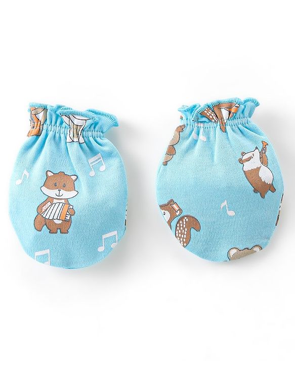 Babyhug 100% Cotton Knit Cap Mittens & Booties With Squirrel Print - Blue