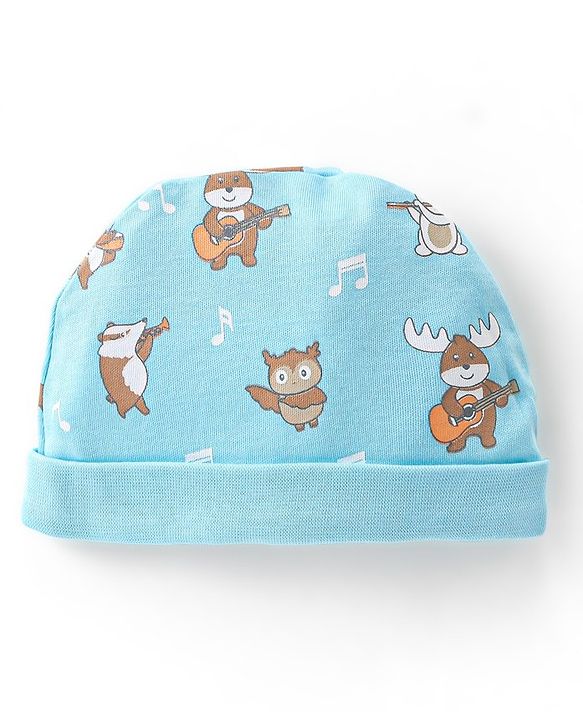 Babyhug 100% Cotton Knit Cap Mittens & Booties With Squirrel Print - Blue
