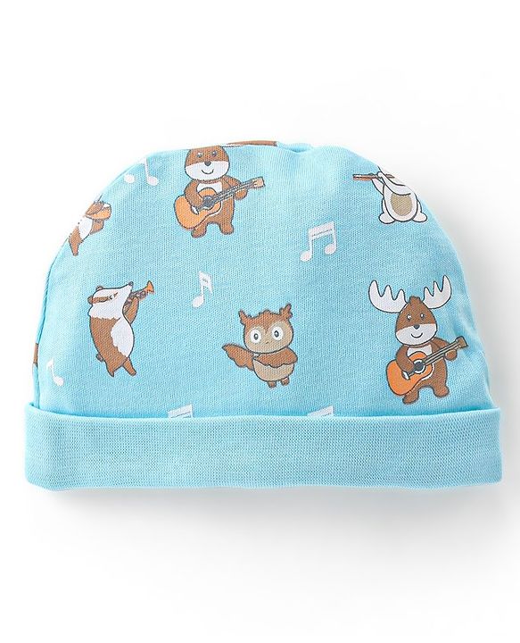 Babyhug 100% Cotton Knit Cap Mittens & Booties With Squirrel Print - Blue