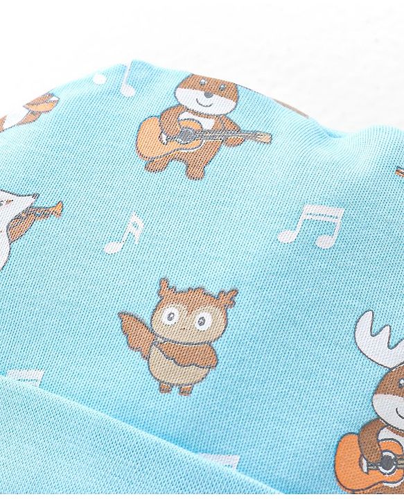 Babyhug 100% Cotton Knit Cap Mittens & Booties With Squirrel Print - Blue