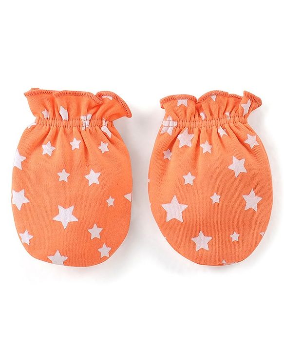 Babyhug 100% Cotton Knit Stars Printed Mittens & Booties Set - Orange