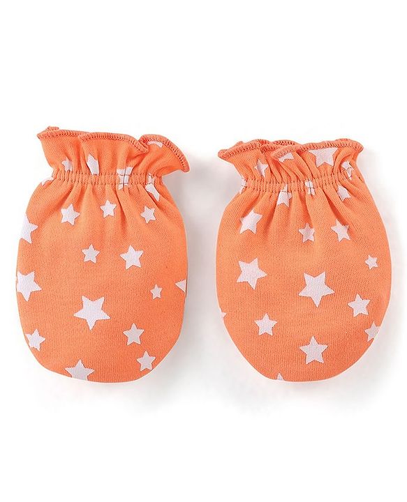 Babyhug 100% Cotton Knit Stars Printed Mittens & Booties Set - Orange