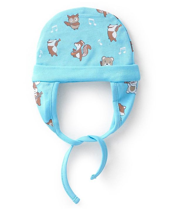 Babyhug 100% Cotton Cap with Knot Squirrel Print Blue - Diameter 17 cm