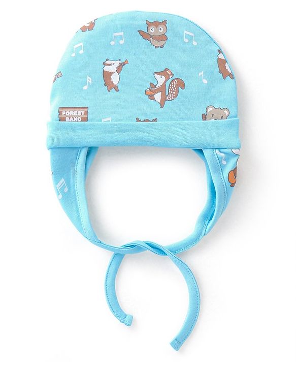 Babyhug 100% Cotton Cap with Knot Squirrel Print Blue - Diameter 17 cm