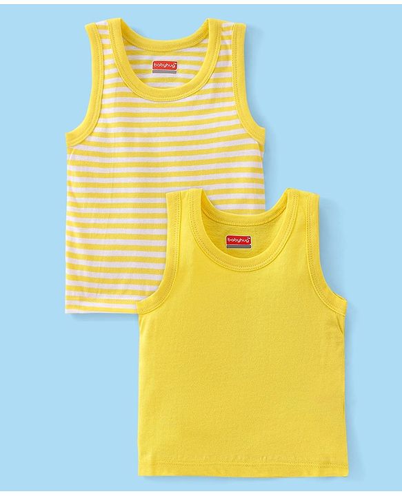 Babyhug 100% Cotton Knit Sleeveless Striped & Solid Sando Pack of 2 - Yellow