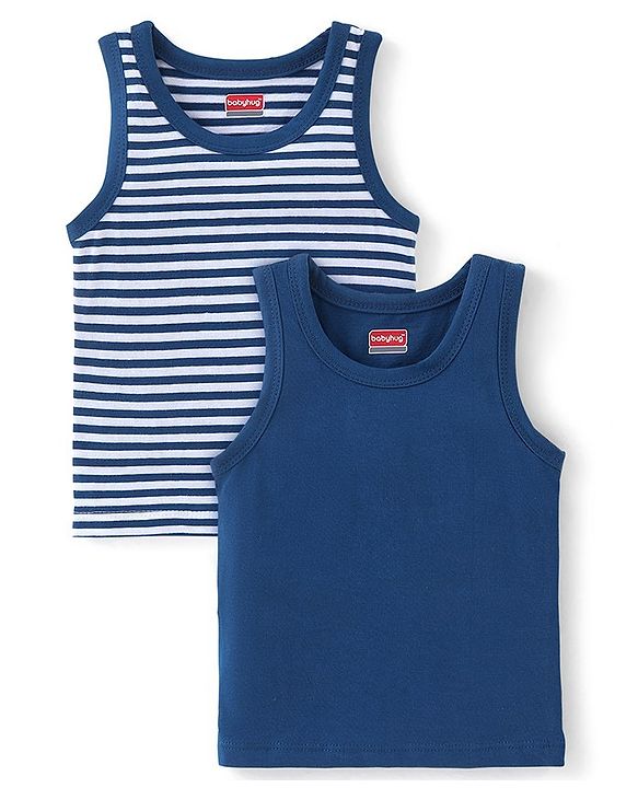 Babyhug 100% Cotton Sleeveless Solid & Striped Sando Pack of 2 - Navy Blue