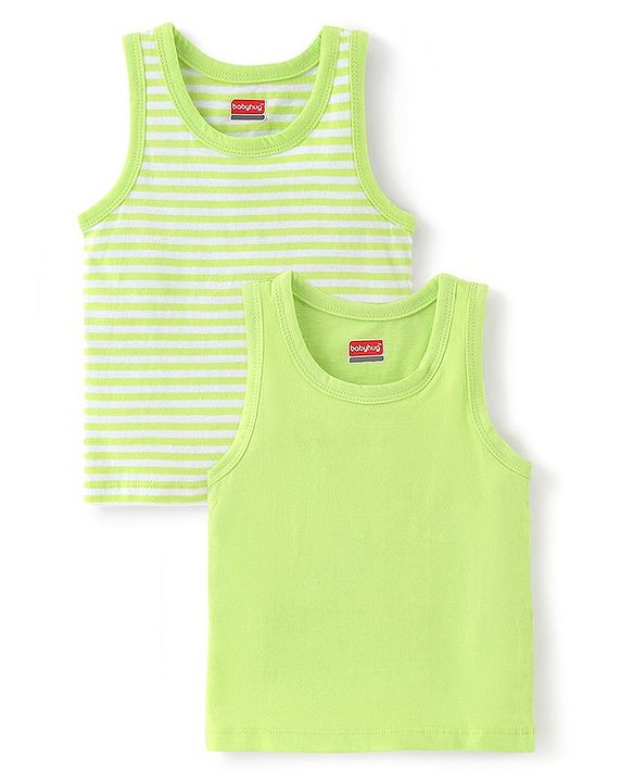 Babyhug 100% Cotton Sleeveless Solid & Striped Sando Pack of 2 - Lime Green