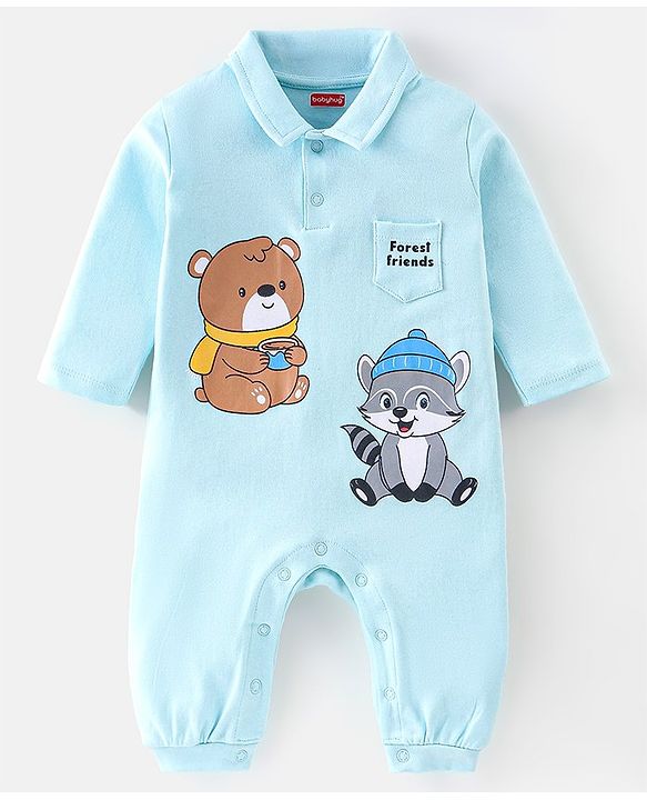 Babyhug 100% Cotton Interlock Knit Full Sleeves Romper Animal Print - Blue