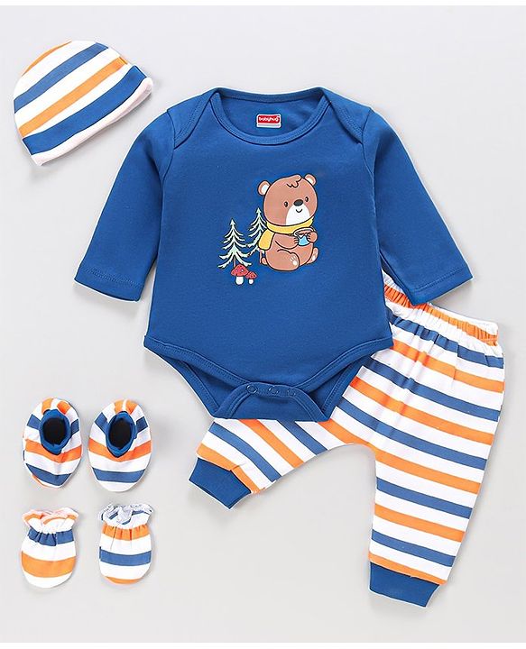 Babyhug 100% Cotton Full Sleeves Onesie with Lounge Pant Bear Print - Blue