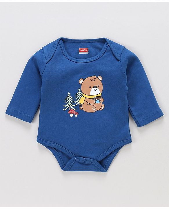 Babyhug 100% Cotton Full Sleeves Onesie with Lounge Pant Bear Print - Blue