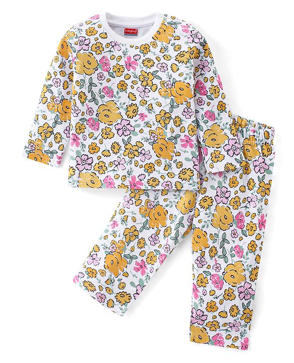 Babyhug Cotton Knit Full Sleeves Night Suit With Floral Print - White