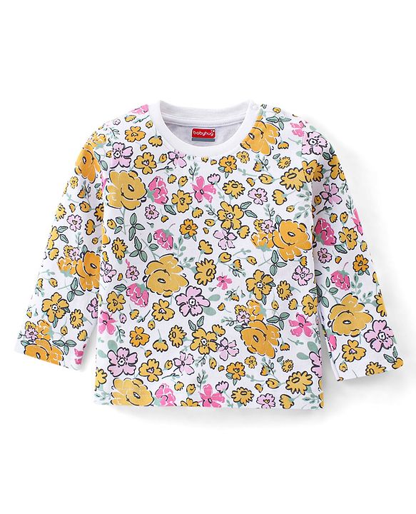 Babyhug Cotton Knit Full Sleeves Night Suit With Floral Print - White