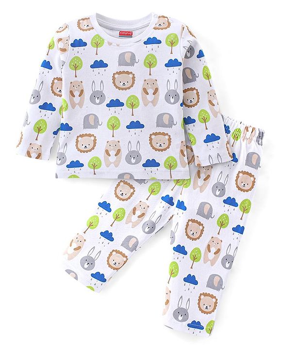 Babyhug Cotton Knit Full Sleeves Night Suit With Animals Print - White & Blue