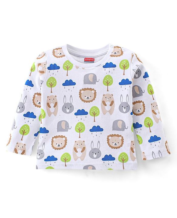 Babyhug Cotton Knit Full Sleeves Night Suit With Animals Print - White & Blue
