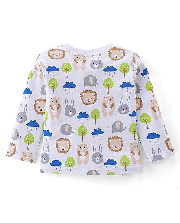 Babyhug Cotton Knit Full Sleeves Night Suit With Animals Print - White & Blue