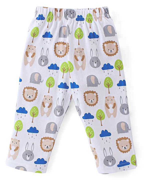 Babyhug Cotton Knit Full Sleeves Night Suit With Animals Print - White & Blue