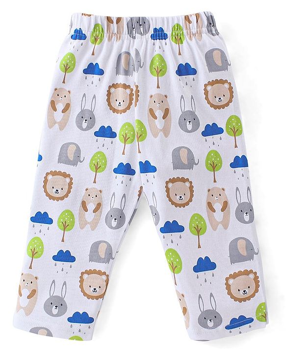 Babyhug Cotton Knit Full Sleeves Night Suit With Animals Print - White & Blue