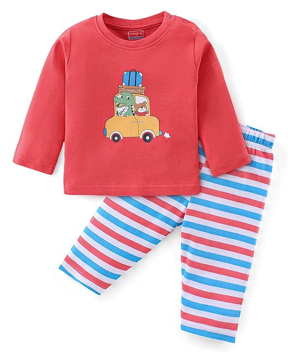 Babyhug Cotton Knit Full Sleeves Night Suit With Car Print - Red