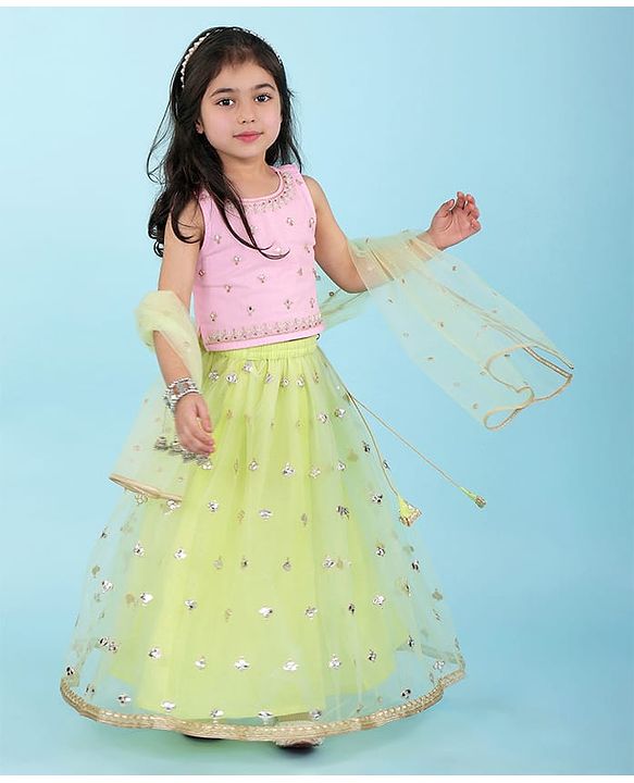Babyhug Sleeveless Embroidered Choli with Net Embroidered Lehenga and Dupatta Set - Lime & Pink