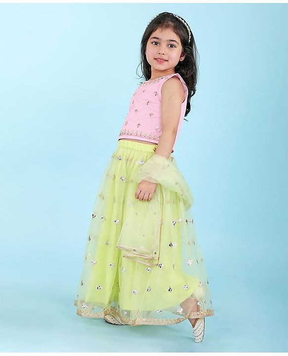 Babyhug Sleeveless Embroidered Choli with Net Embroidered Lehenga and Dupatta Set - Lime & Pink