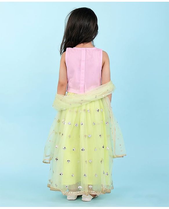 Babyhug Sleeveless Embroidered Choli with Net Embroidered Lehenga and Dupatta Set - Lime & Pink