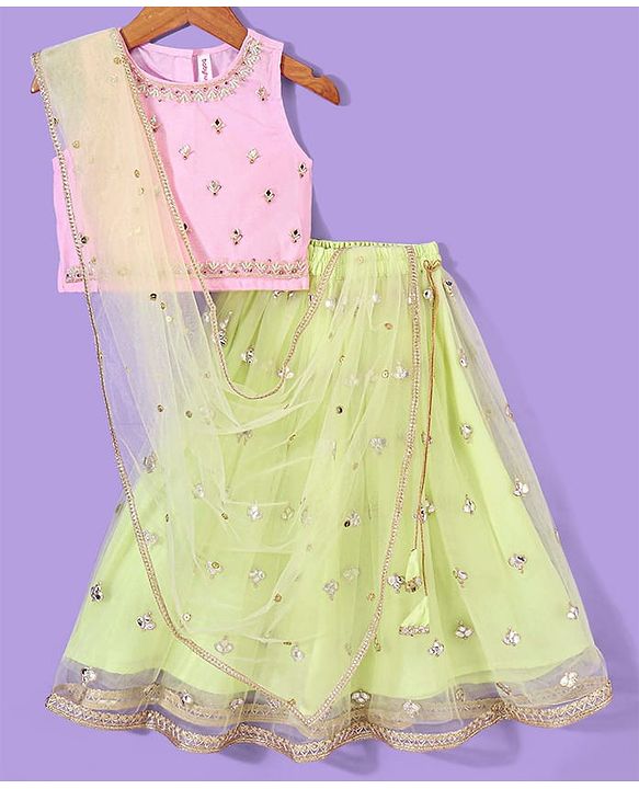 Babyhug Sleeveless Embroidered Choli with Net Embroidered Lehenga and Dupatta Set - Lime & Pink