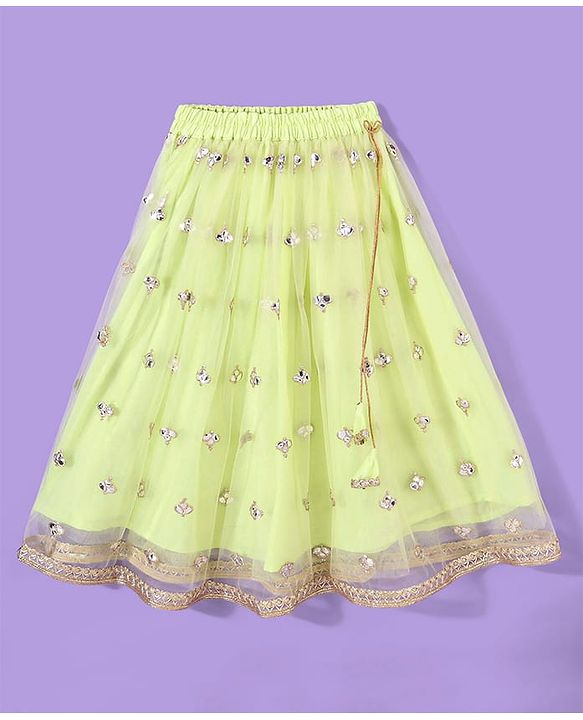 Babyhug Sleeveless Embroidered Choli with Net Embroidered Lehenga and Dupatta Set - Lime & Pink