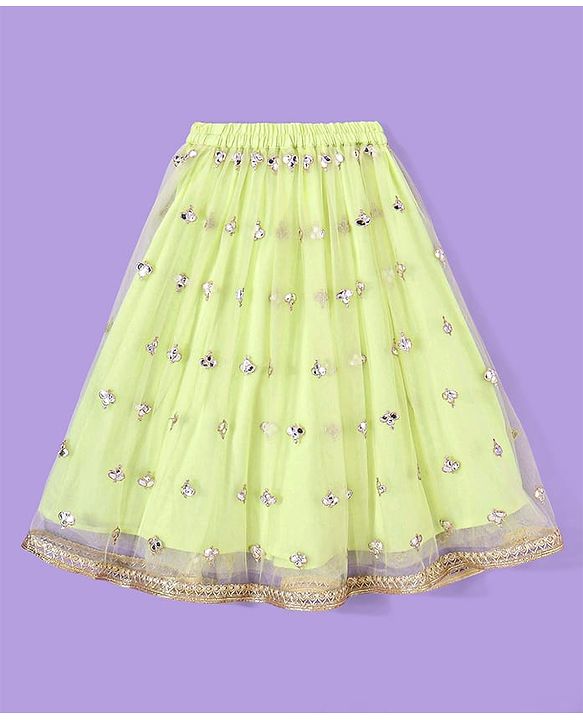 Babyhug Sleeveless Embroidered Choli with Net Embroidered Lehenga and Dupatta Set - Lime & Pink