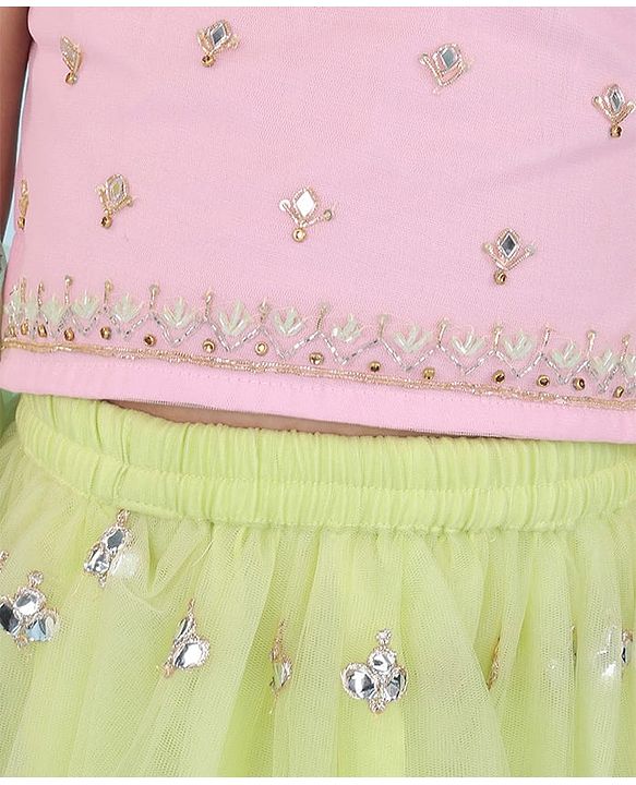 Babyhug Sleeveless Embroidered Choli with Net Embroidered Lehenga and Dupatta Set - Lime & Pink