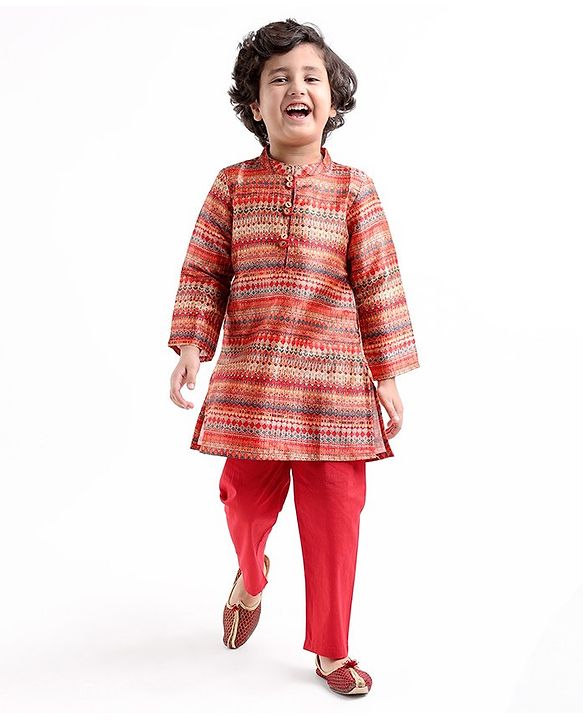 Babyhug Full Sleeves Printed Dhari Kurta with Pyjama Set  - Rust