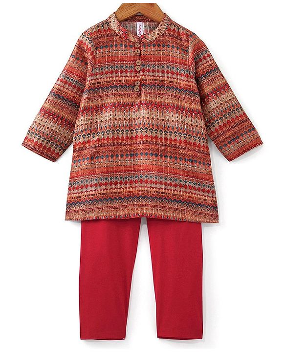 Babyhug Full Sleeves Printed Dhari Kurta with Pyjama Set  - Rust